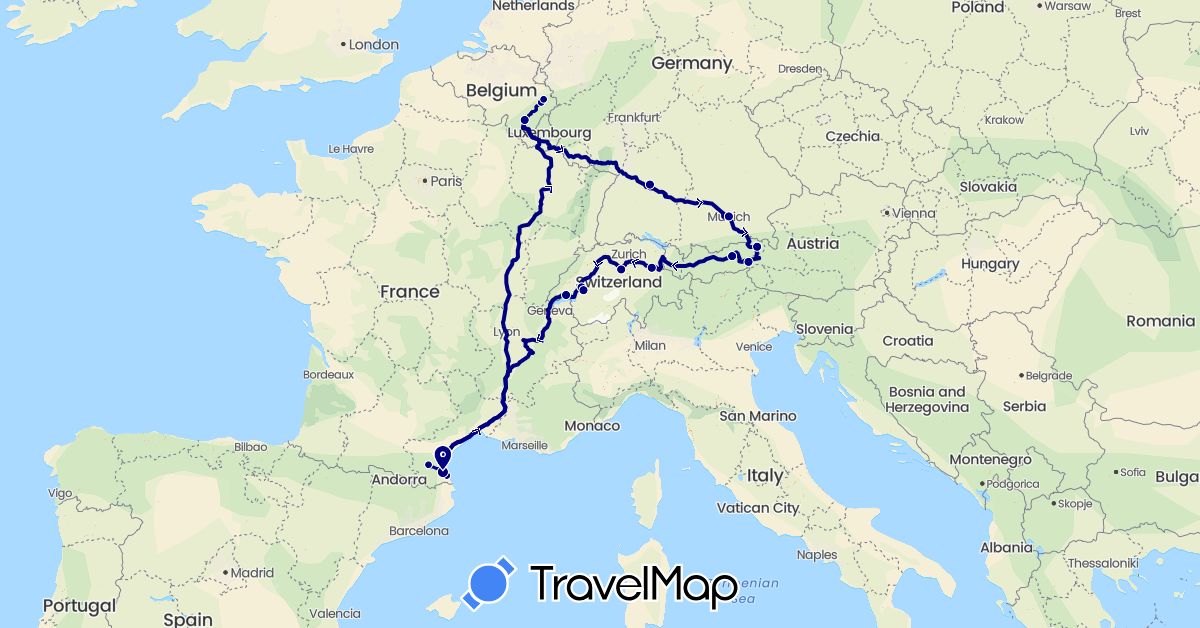 TravelMap itinerary: driving in Austria, Belgium, Switzerland, Germany, France (Europe)